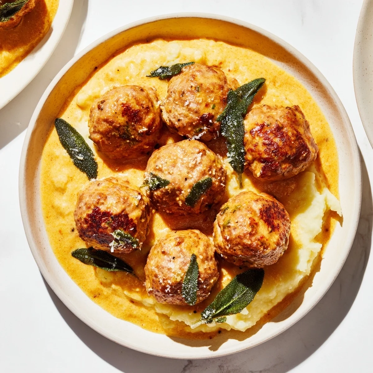 A close-up of delicious turkey meatballs with pumpkin sage sauce, ready to serve over pasta.
