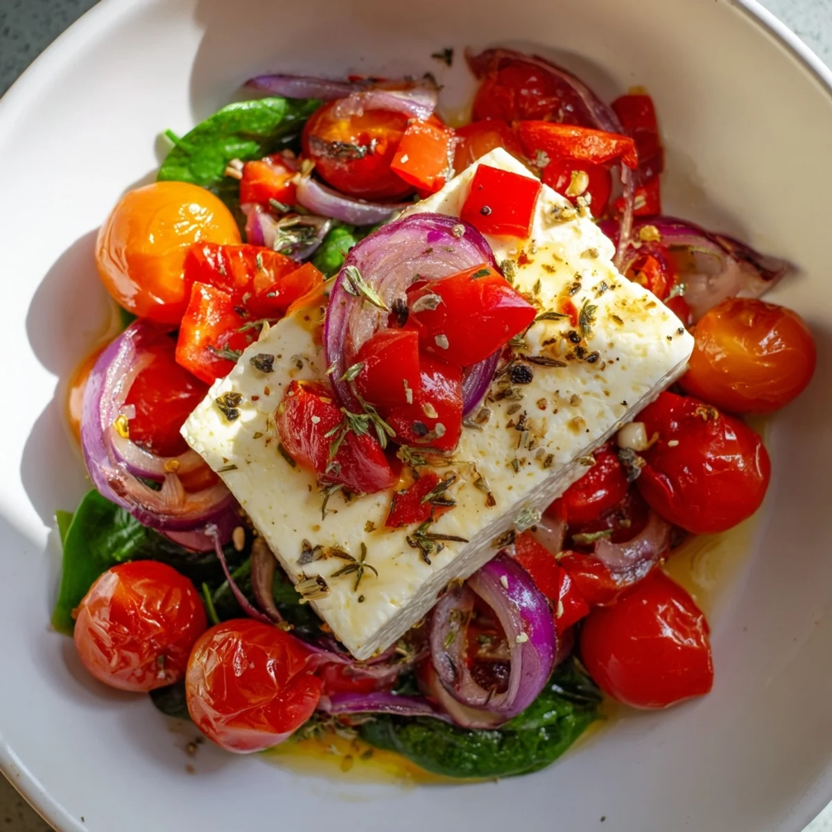 Bright, colorful image of one-pan baked feta Christmas pasta, inviting you to eat!