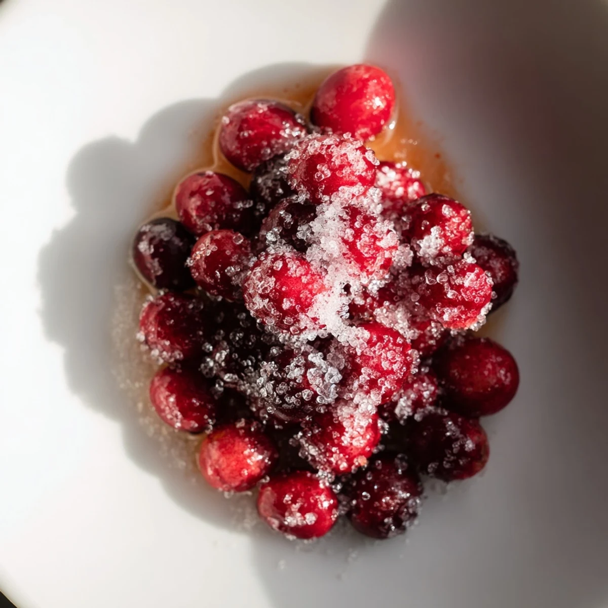 Close-up of bright red 5-Minute Express Candied Cranberries, a beautiful, crunchy topping for desserts.