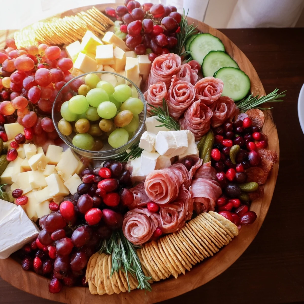 Artfully arranged Quick Christmas Charcuterie Wreath Board, perfect for effortless holiday entertaining with crackers.