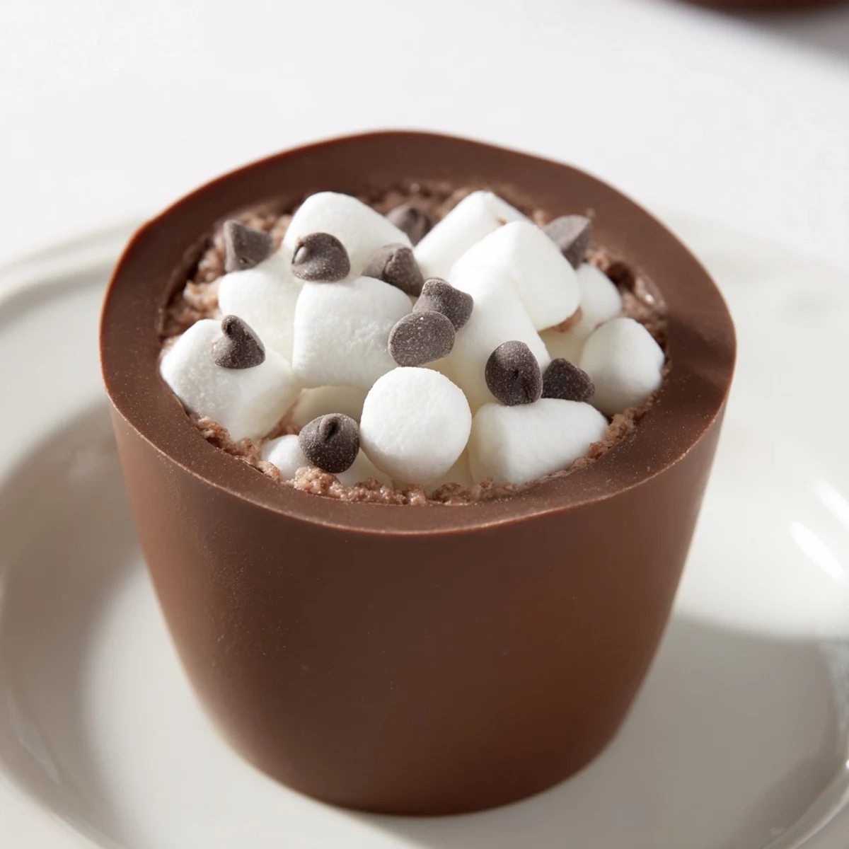 Melted semi-sweet chocolate cups brimming with hot cocoa mix and mini marshmallows create hot cocoa bomb cups.