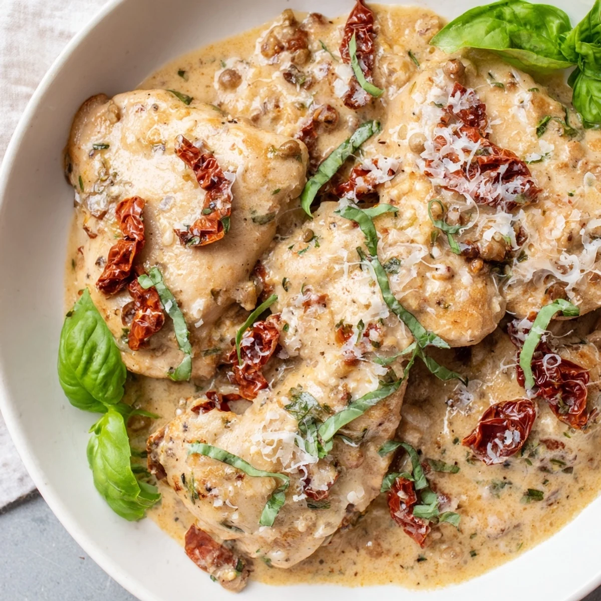 Golden-brown Marry Me Chicken Thighs simmering in a sun-dried tomato sauce, a comfort food favorite.
