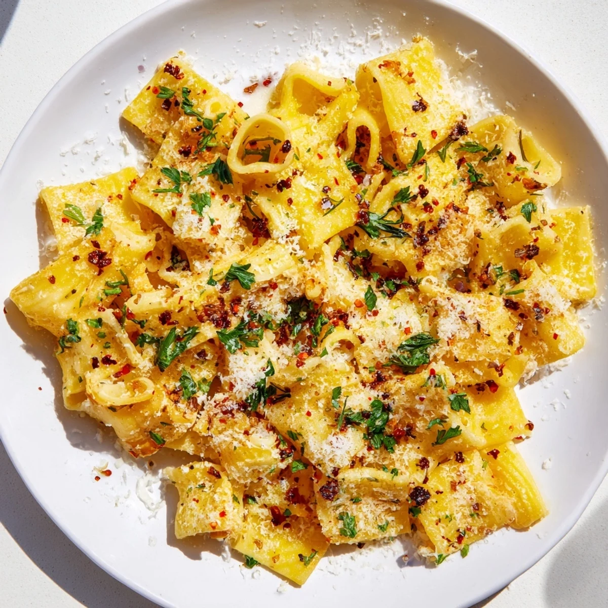 Close-up of baked Spicy Lemon-Parmesan Pasta Chips, featuring chili flakes and fresh parsley garnish.