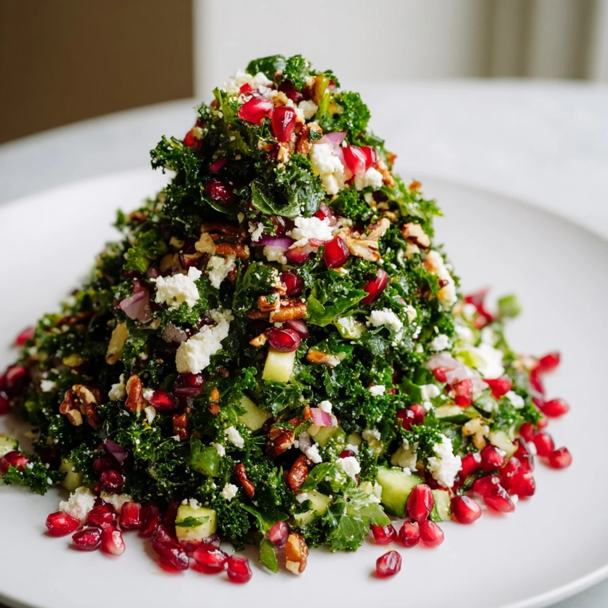 Vibrant Christmas Tree Salad with chopped greens, feta, and pomegranate seeds for the holidays.