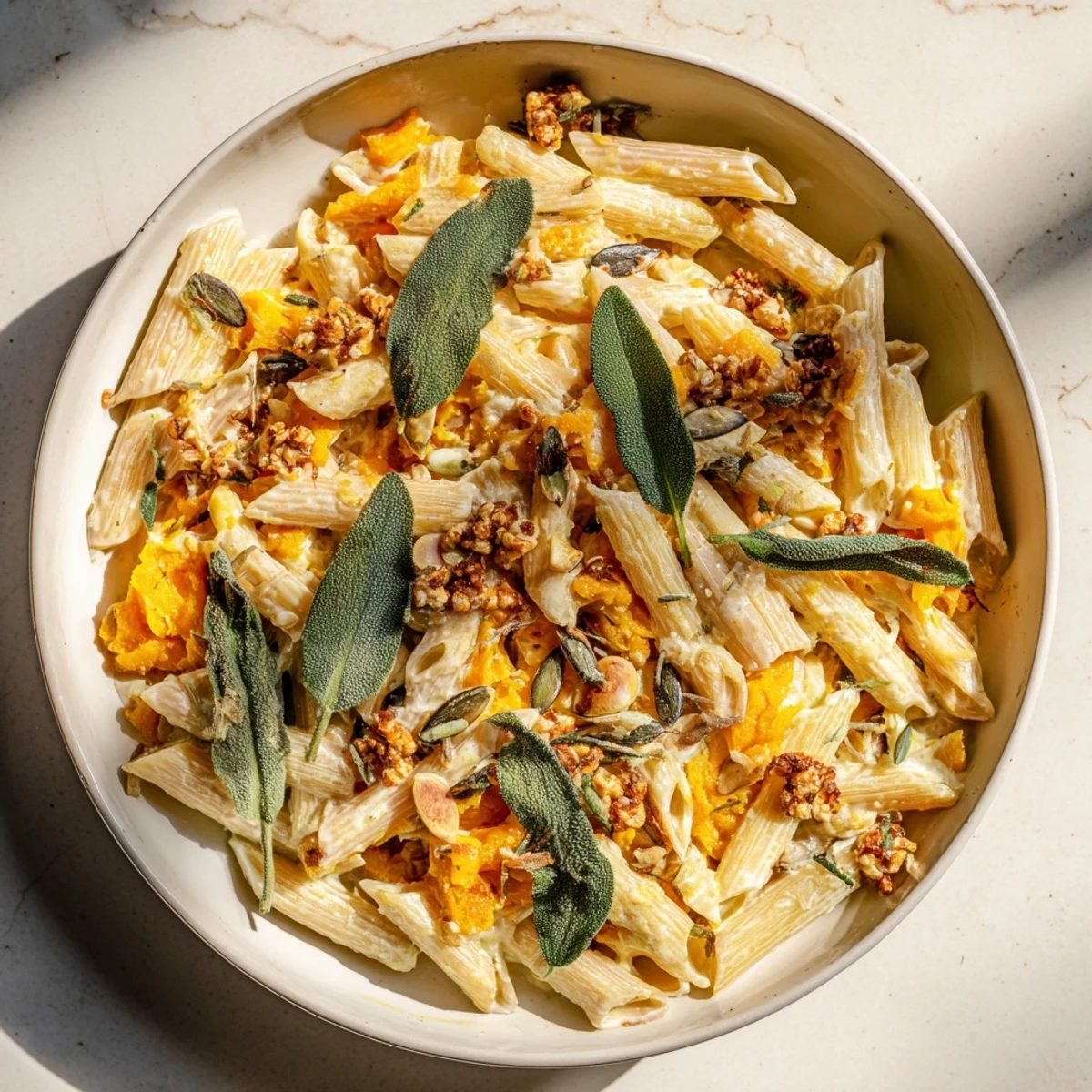 A bowl of rich and flavorful Vegan Creamy Pumpkin Pasta, topped with toasted pumpkin seeds.