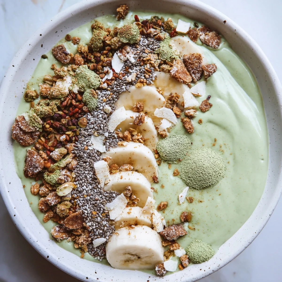 Creamy Gingerbread Cookie Matcha Breakfast Smoothie Bowl, topped with granola and candied ginger.
