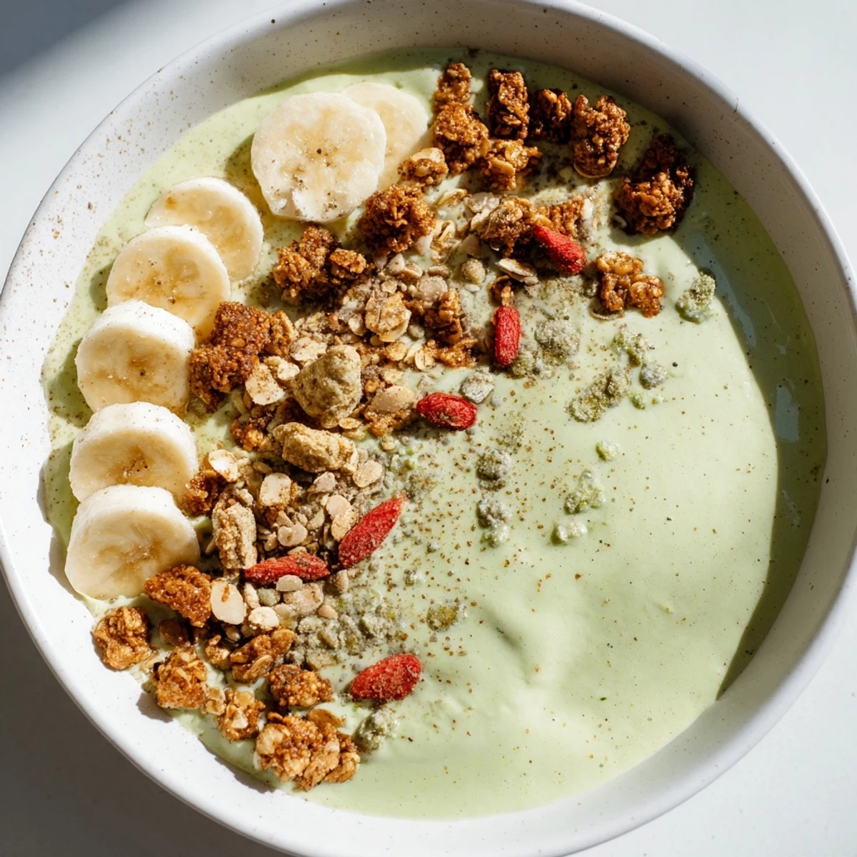 Vibrant photo of a richly-spiced Gingerbread Cookie Matcha Breakfast Smoothie Bowl, ready to be enjoyed.