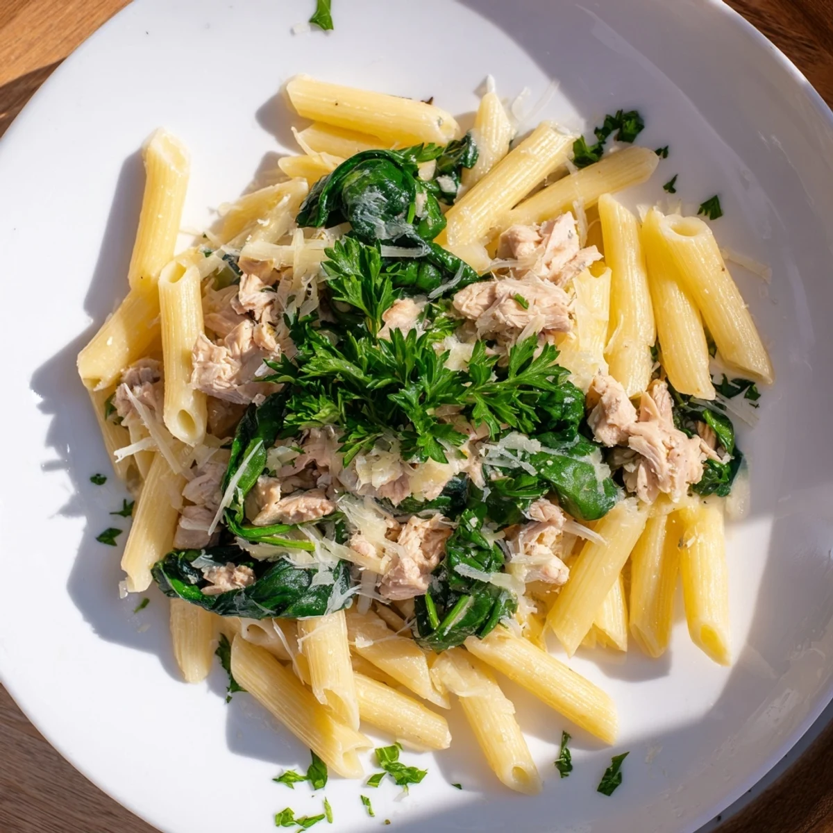 A close-up of creamy One-Pot Creamy Spinach & Turkey Christmas Pasta, swirling with fresh spinach leaves and tender turkey.