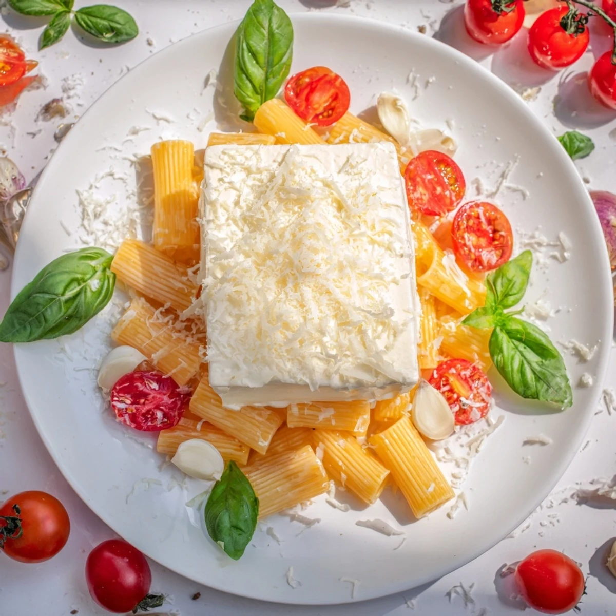 Creamy Baked Feta Snowfall Christmas Pasta with vibrant cherry tomatoes and a Parmesan snowfall, ready to serve.