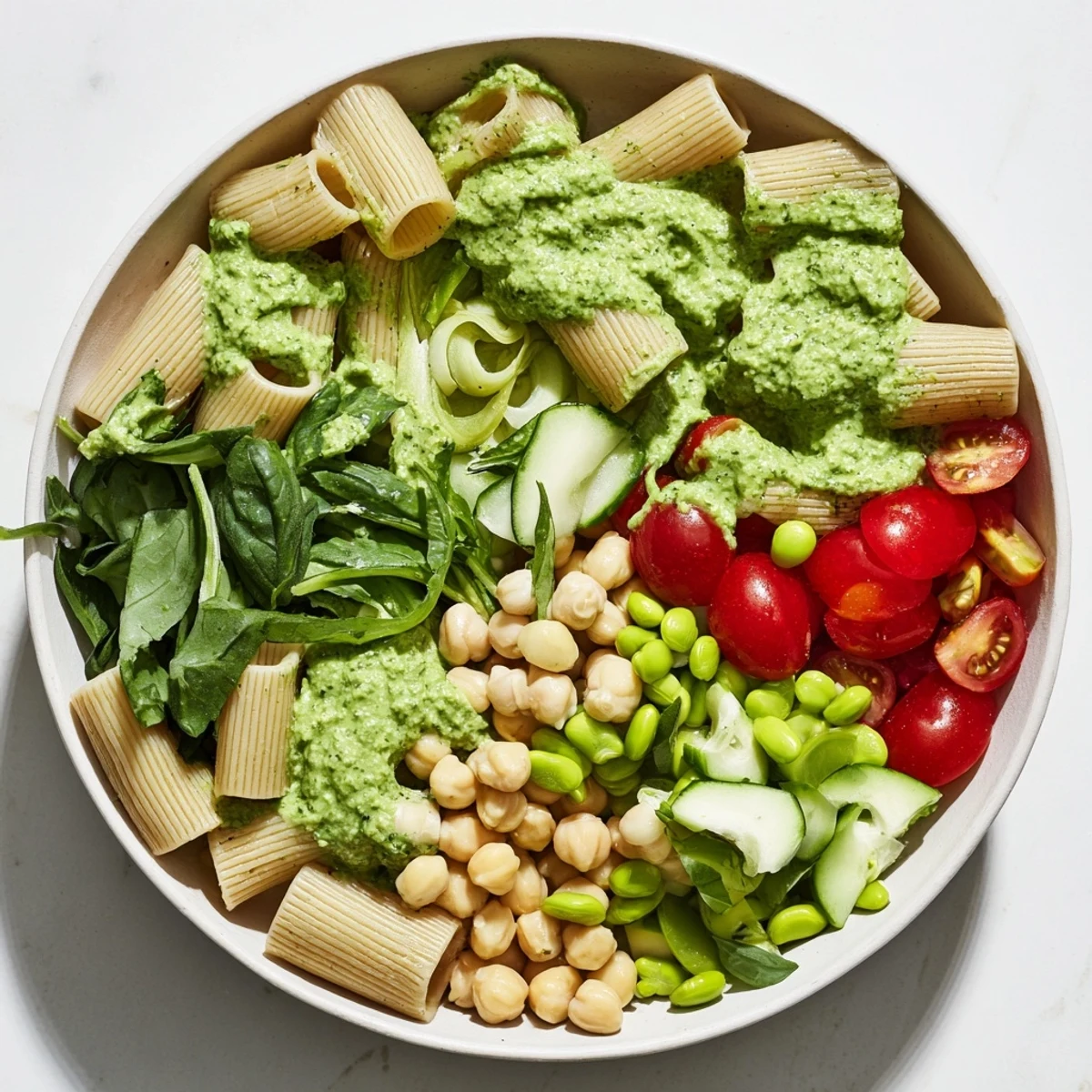 Vibrant Holiday Glow Green Goddess Protein Pasta Salad, featuring creamy dressing and colorful veggies.
