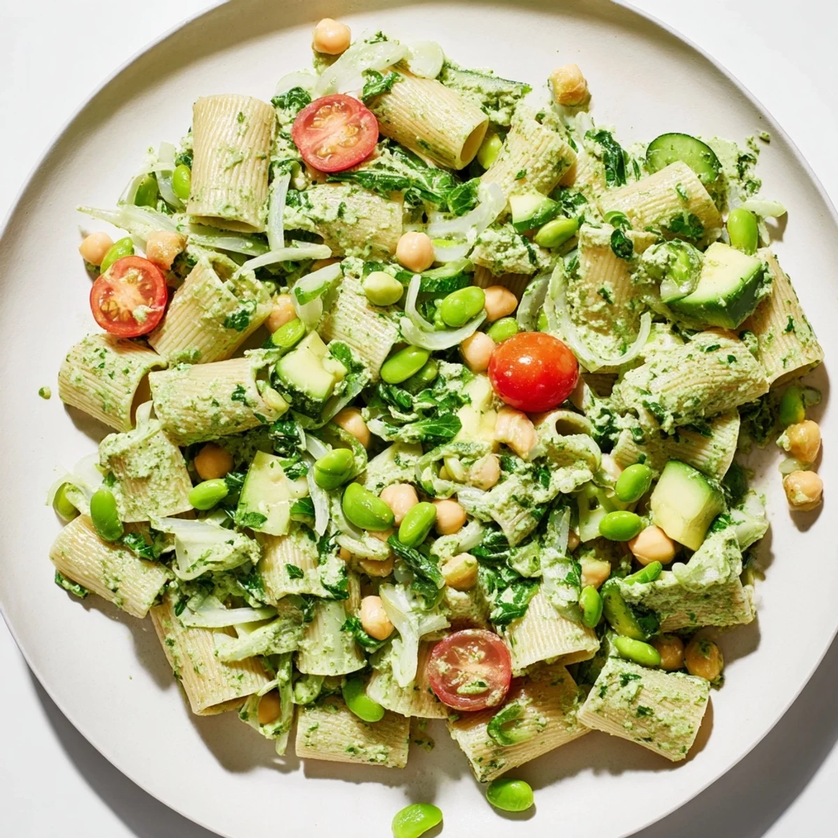 Close-up of the fresh Holiday Glow Green Goddess Protein Pasta Salad, ready to eat with herbs.