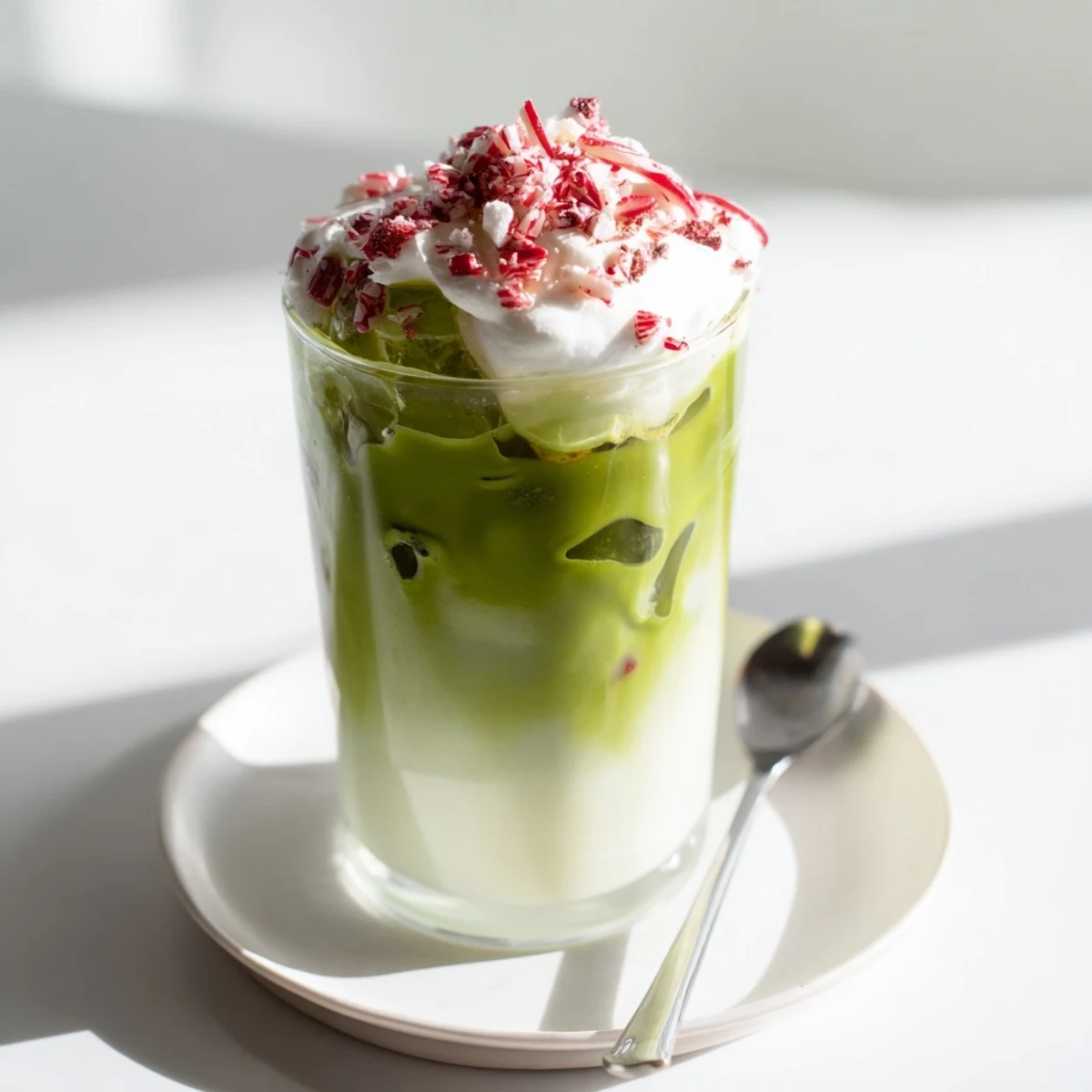 Sugar-Free White Chocolate Candy Cane Iced Matcha layered with bright green matcha and creamy white chocolate.