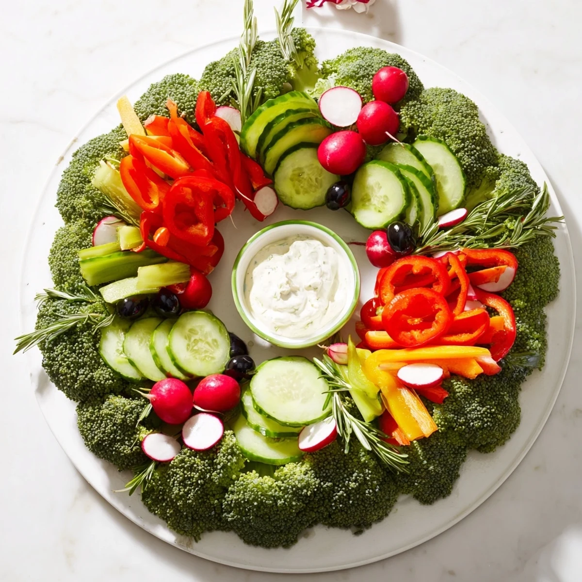 Festive Wreath Veggie Dip Platter featuring fresh, colorful vegetables and creamy ranch dip, ready to enjoy.
