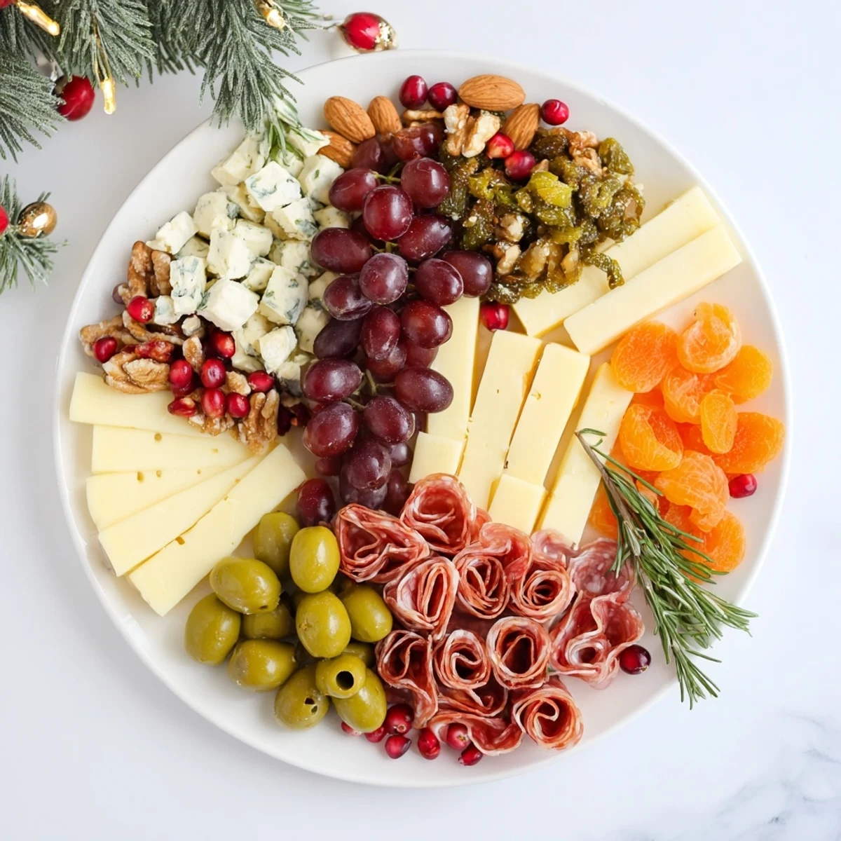 Delicious Holiday Wreath Cheese Platter featuring artisan cheeses, cured meats, and fresh garnishes for a holiday gathering.