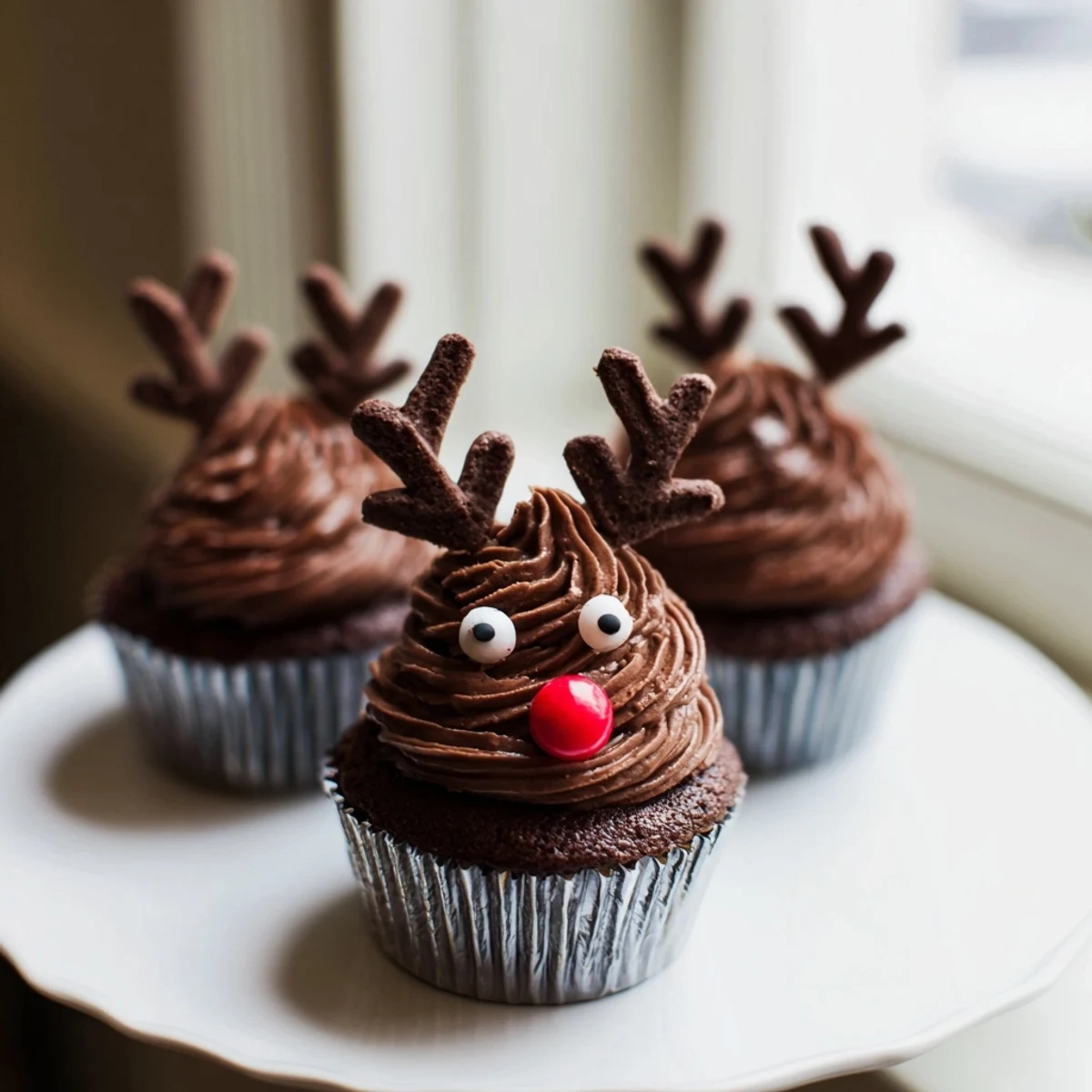 A beautifully arranged Reindeer Holiday Dessert Platter featuring frosted cupcakes, gingerbread antlers, and red noses.
