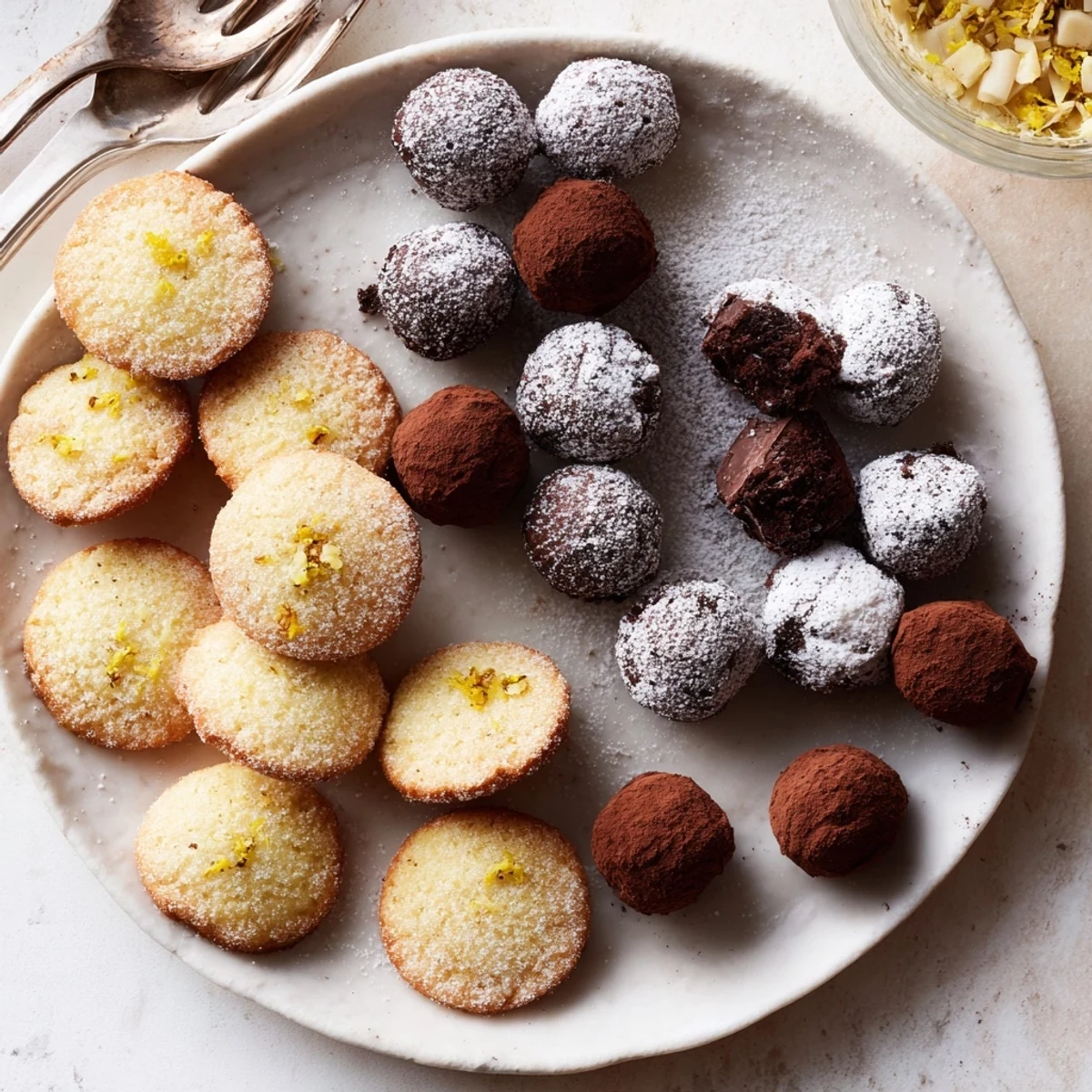 Golden-brown Lemon Madeleines and dark chocolate truffles, part of a Mignardises Bonne Année 2026 dessert spread.