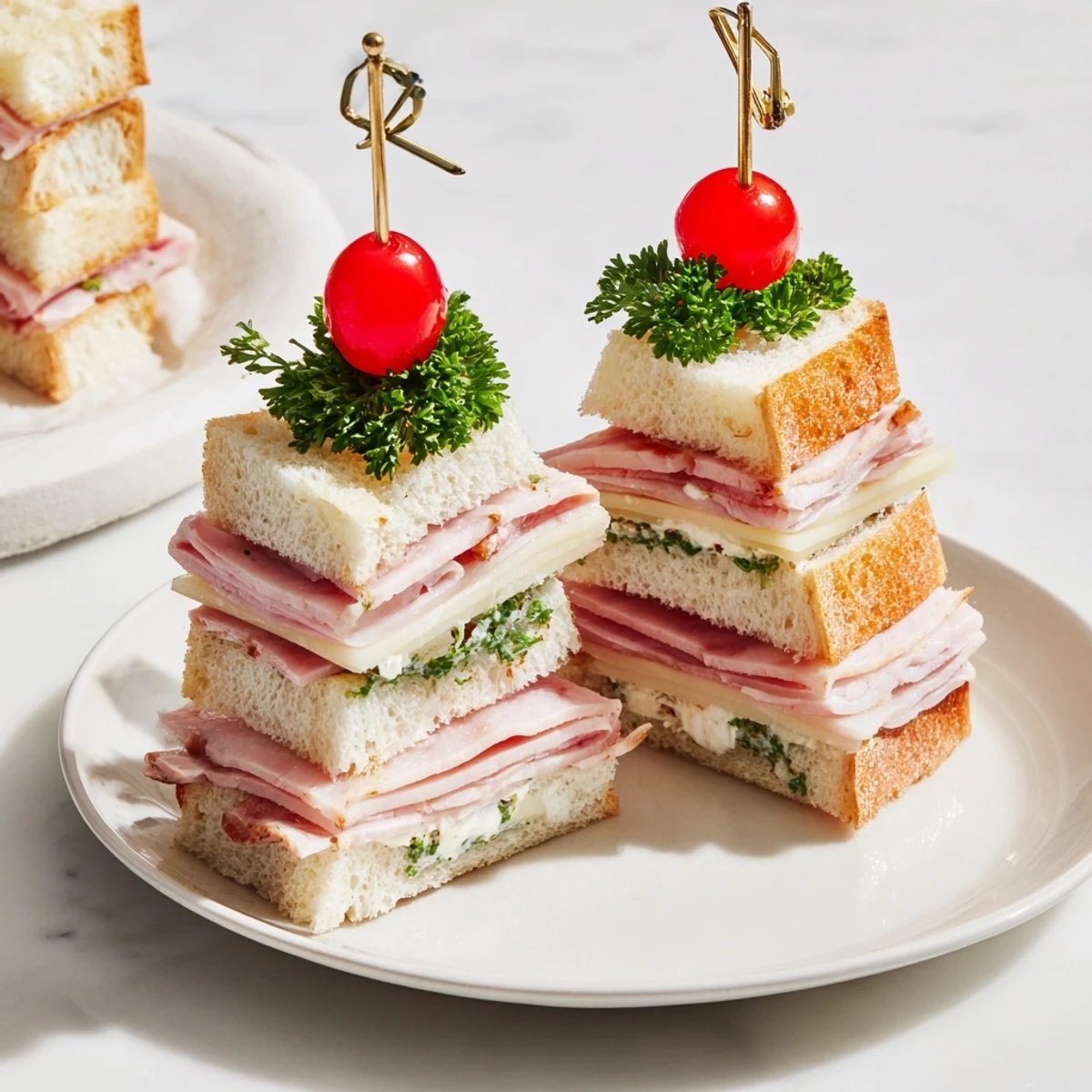 Festive mini Christmas tree sandwiches with layers of ham, cheese, and herbed butter, ready to serve.