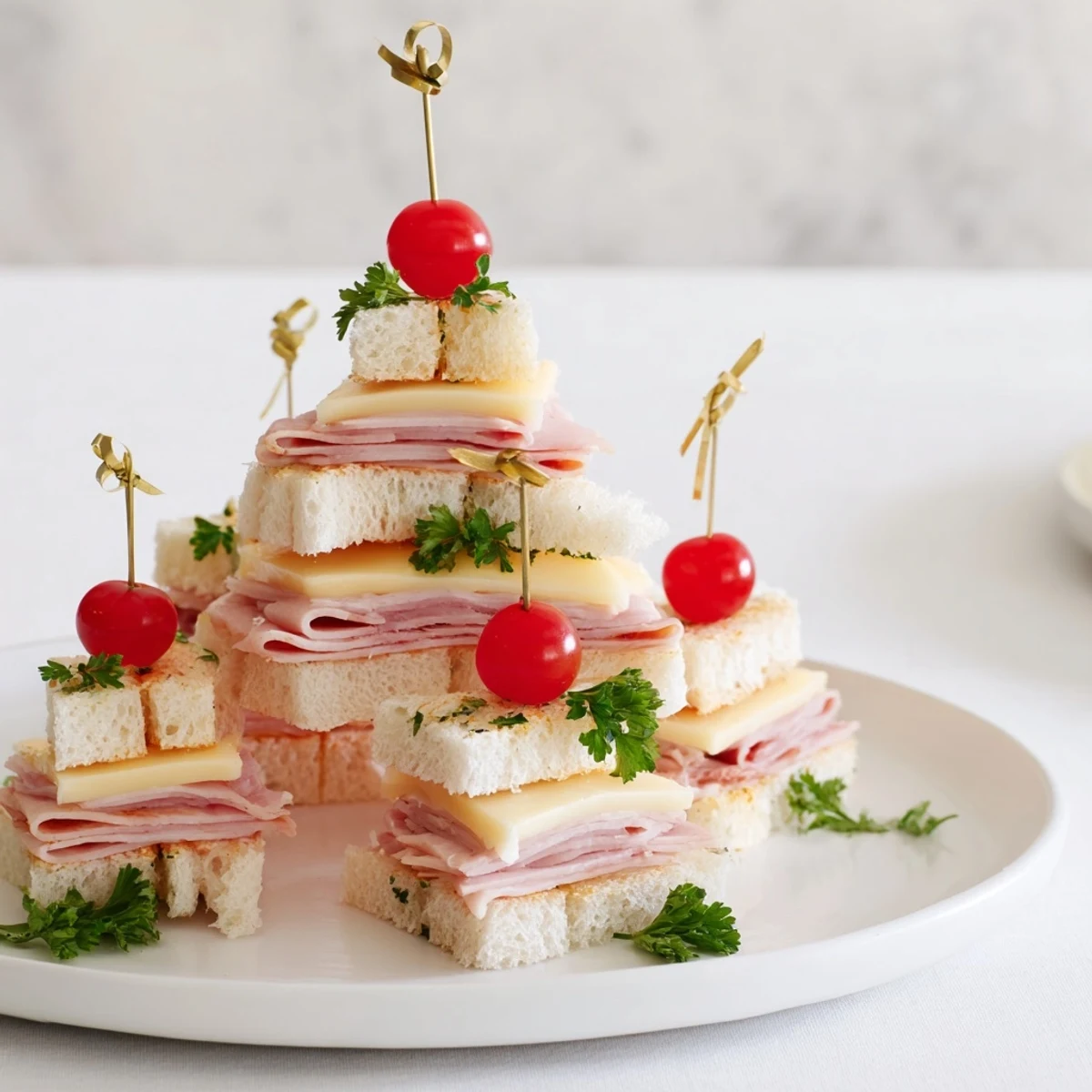 Delicious ham and cheese mini sandwiches, cut into Christmas tree shapes, and garnished for a flavorful appetizer.