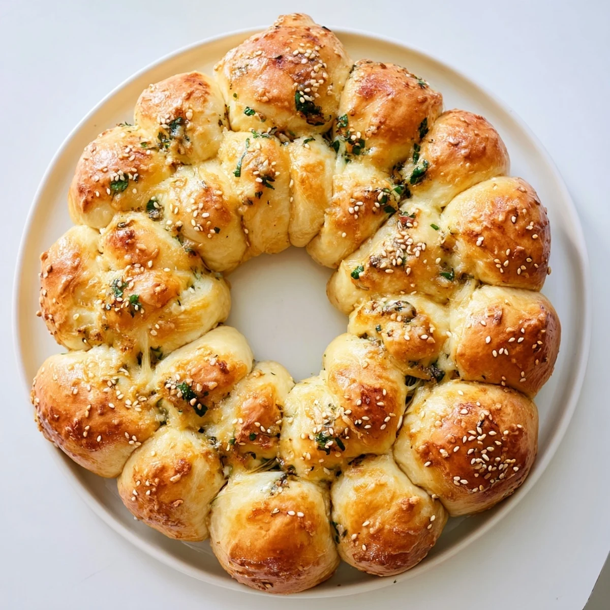 Golden-brown Festive Pull-Apart Bread Wreath, a savory appetizer baked with herbs and cheese.
