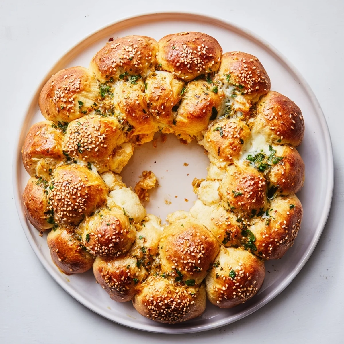 Freshly baked, aromatic Festive Pull-Apart Bread Wreath adorned with sesame seeds, smells divine.