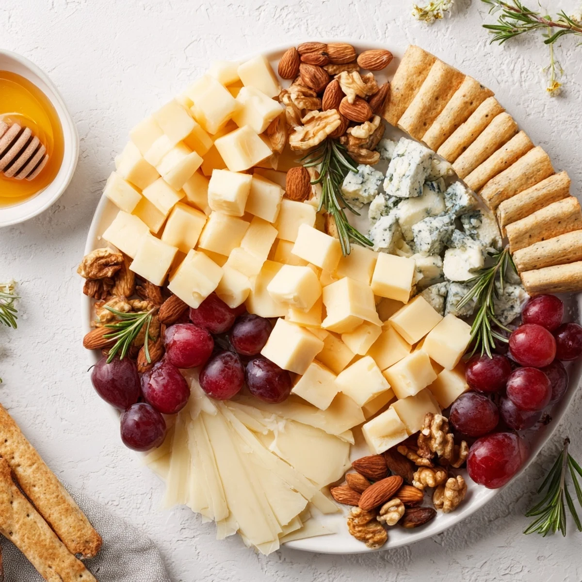 An elegant Cheese & Fruit Cranberry Grape Man Cheese Board, showcasing creamy brie with sweet grapes and crunchy nuts.