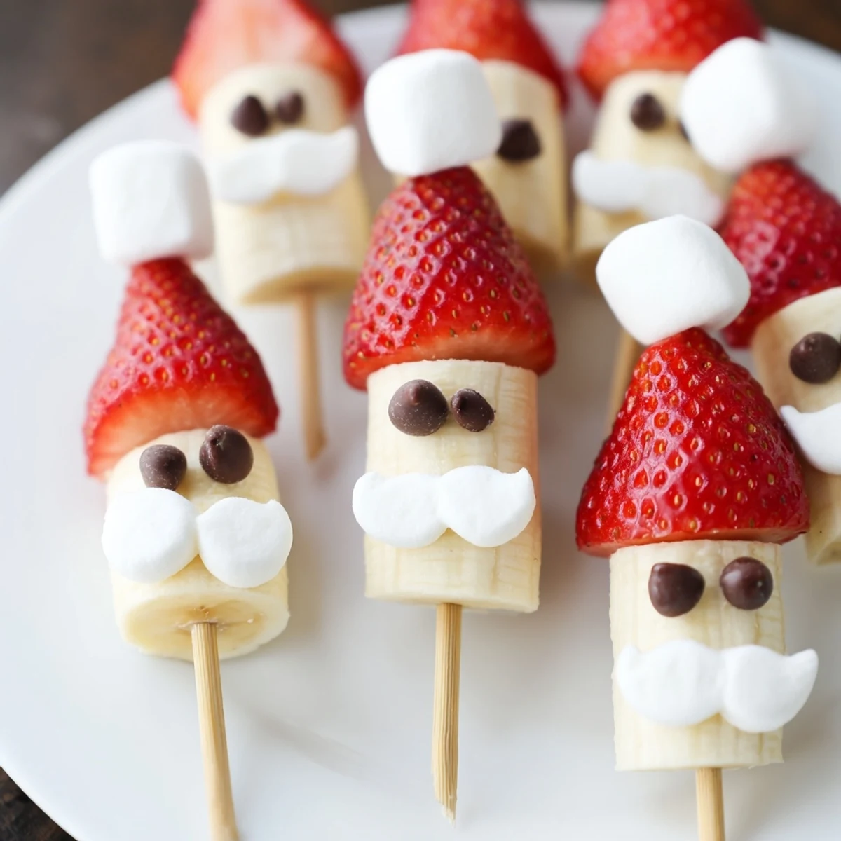 Adorable, close-up view of fresh Banana Strawberry Santa Skewers, each with chocolate eyes and marshmallow hats.
