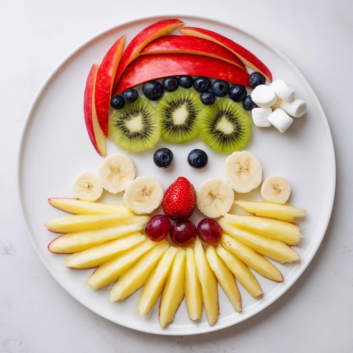 Vibrant Santa fruit platter with a juicy pineapple beard and fresh, colorful fruit.