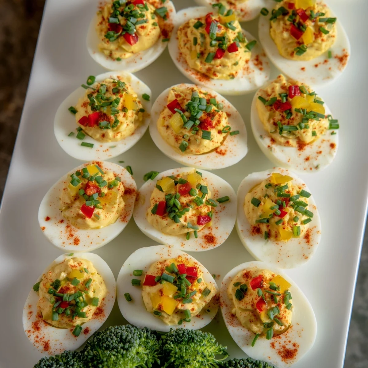 Christmas Tree Deviled Eggs Platter: Festive appetizer featuring creamy deviled eggs beautifully garnished for the holidays.