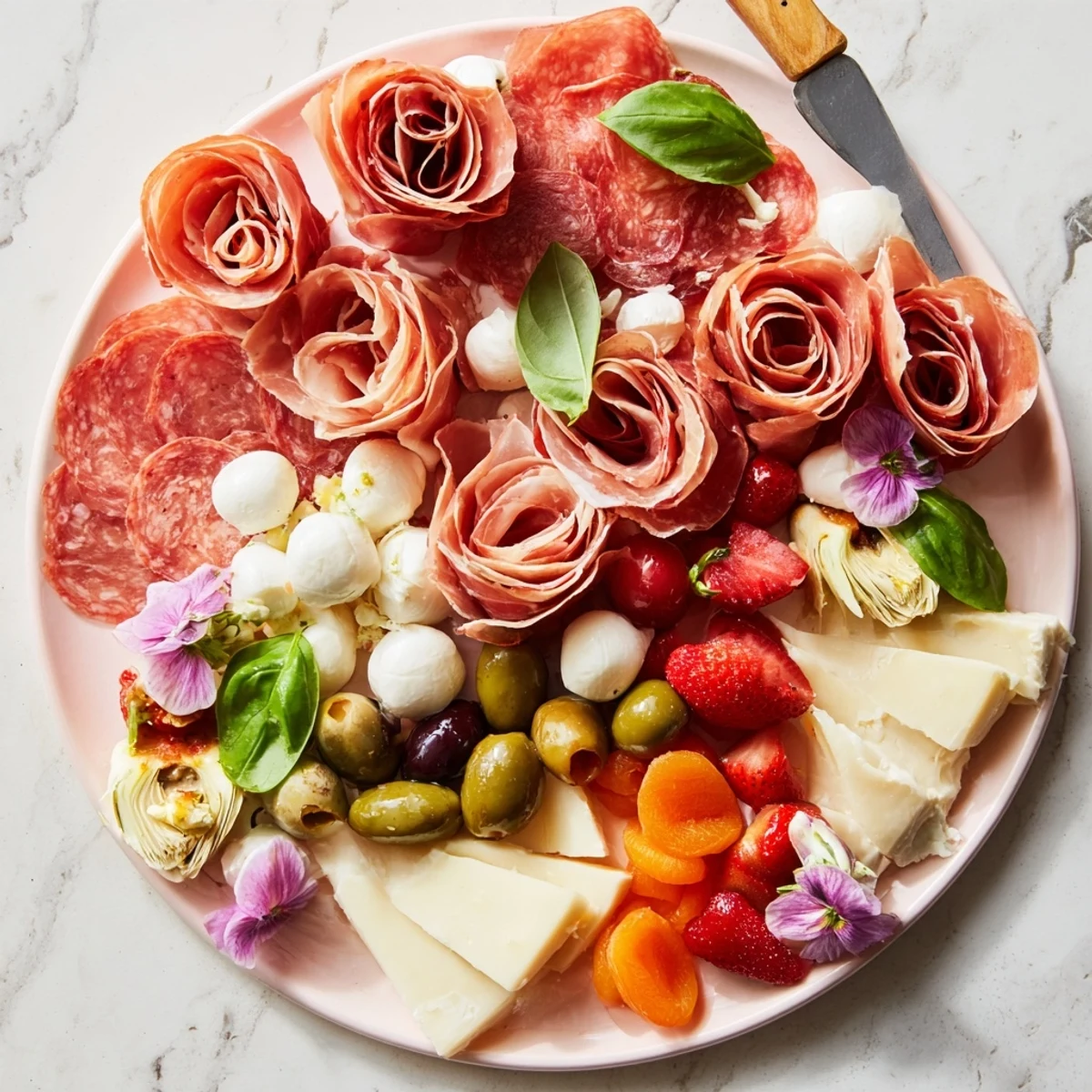 A Prosciutto Rose Bouquet Board with vibrant cheeses, fruits, and meats, ready to share.