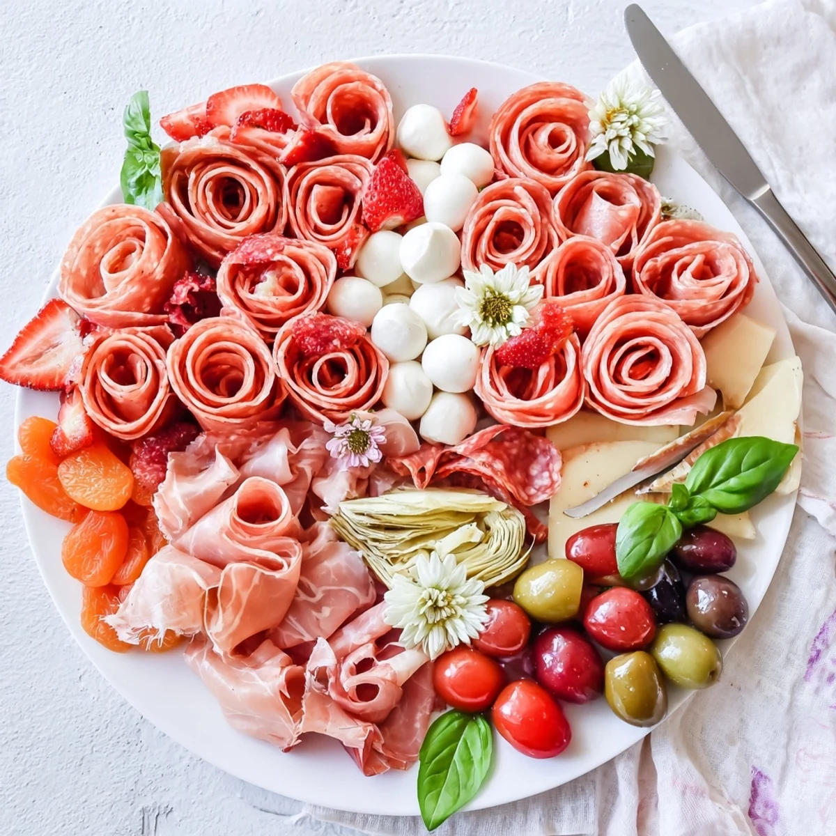 Delicious Prosciutto Rose Bouquet Board: a beautiful array of appetizers, perfect for gatherings and parties.