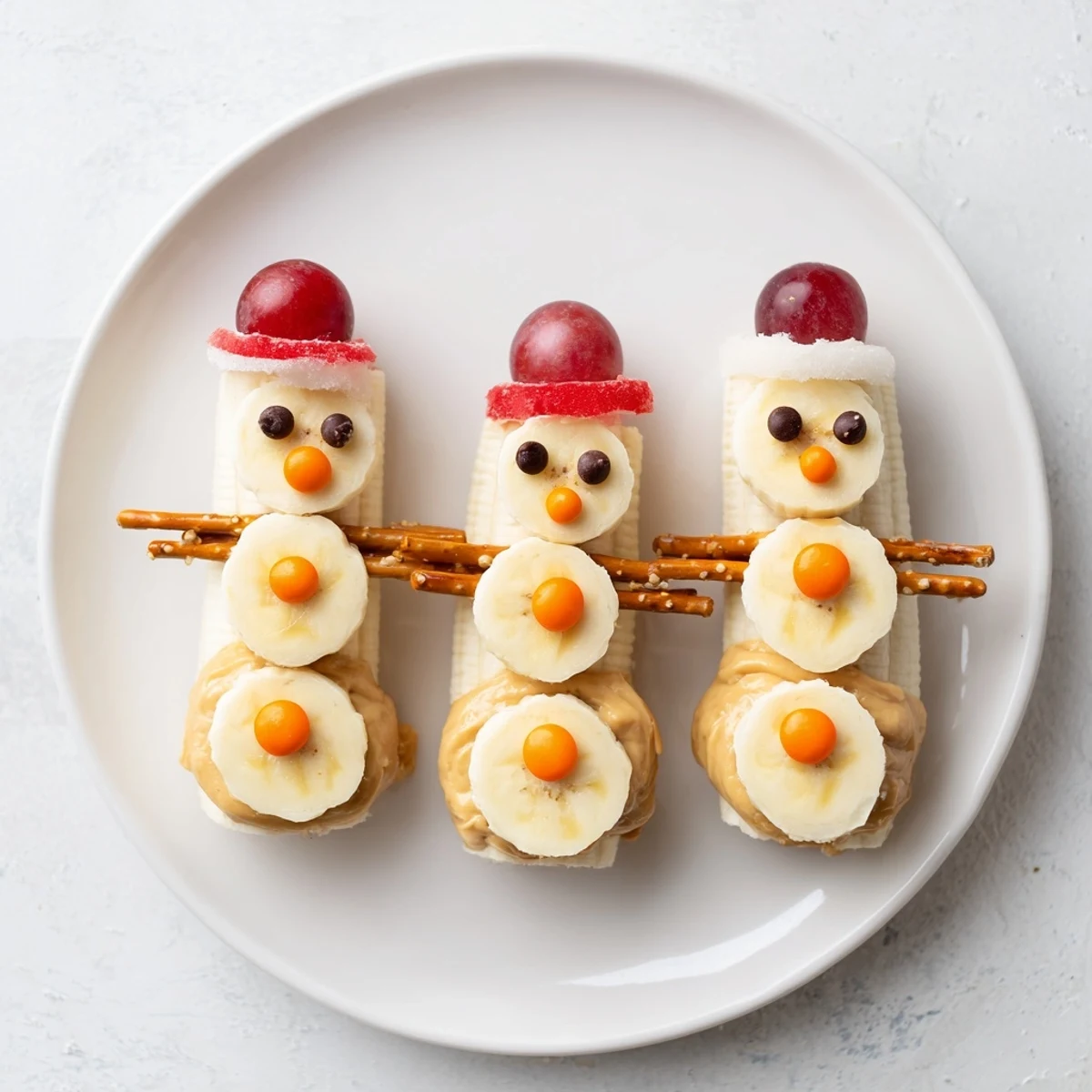 Homemade Banana Peanut Butter Snowmen with orange candy noses and fruit hats ready to be enjoyed as a snack.