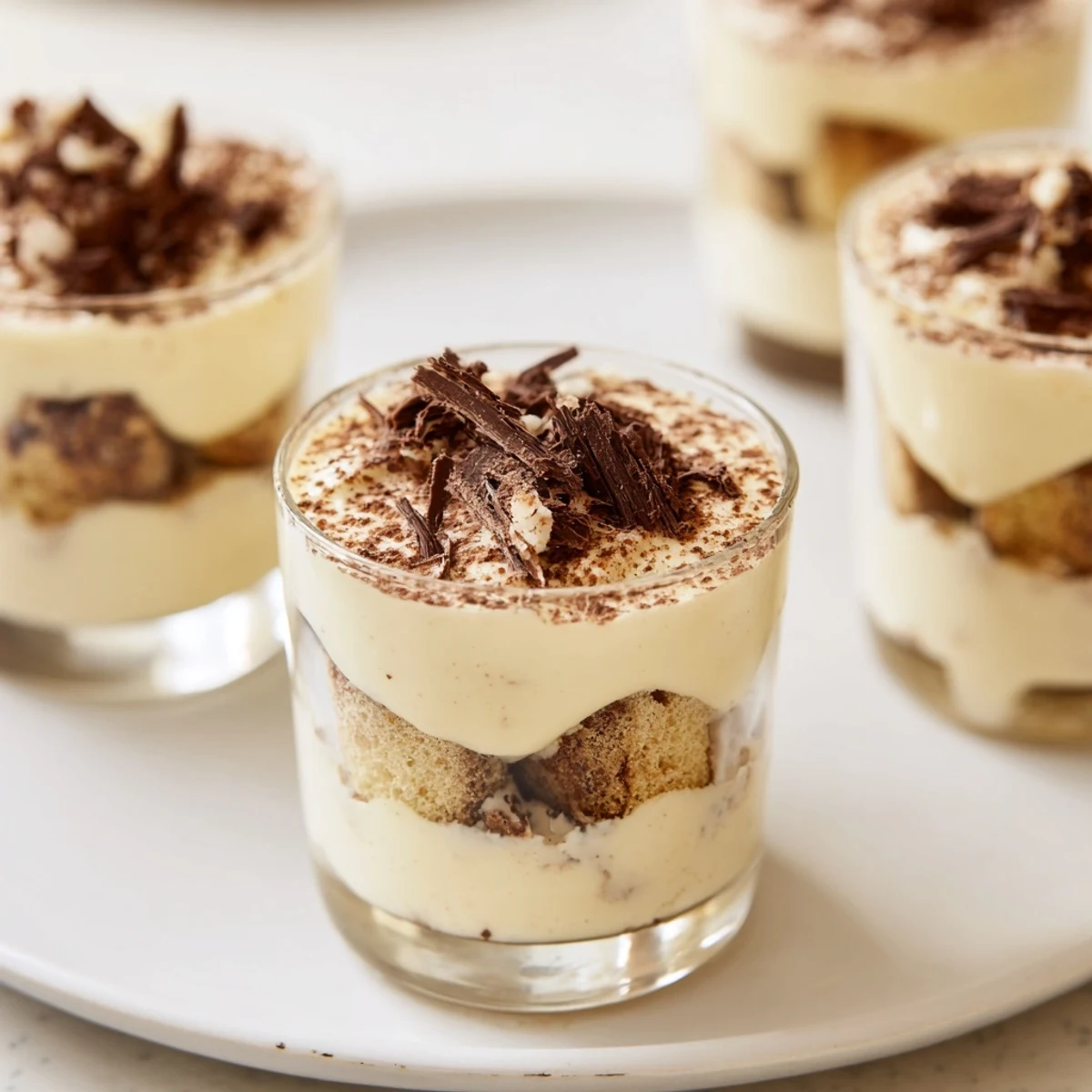 Countdown Tiramisu Shots in clear shot glasses, layered with creamy mascarpone and cocoa dust, delicious Italian dessert.