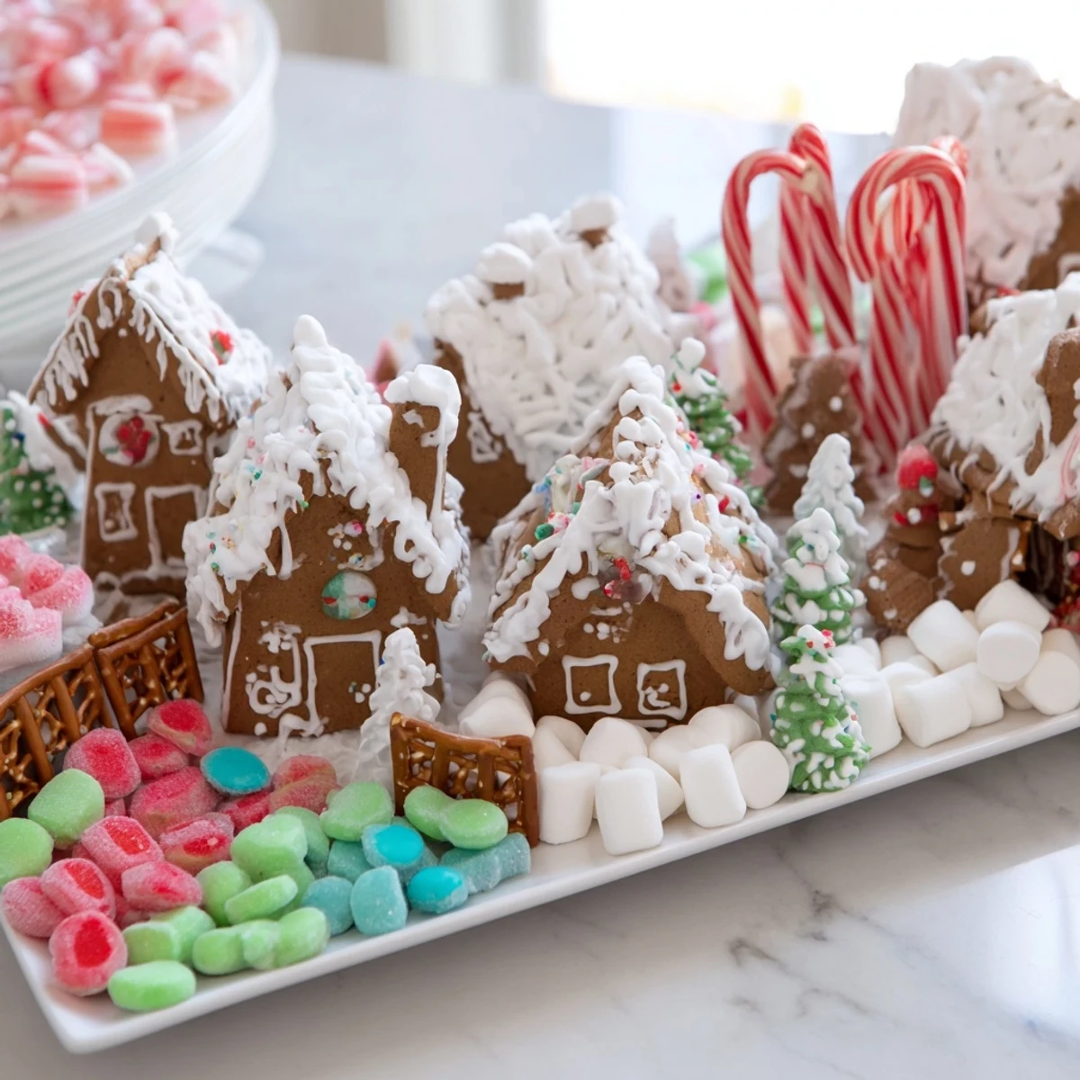 A beautifully arranged sweet board showcasing a gingerbread village, perfect for holiday gatherings.