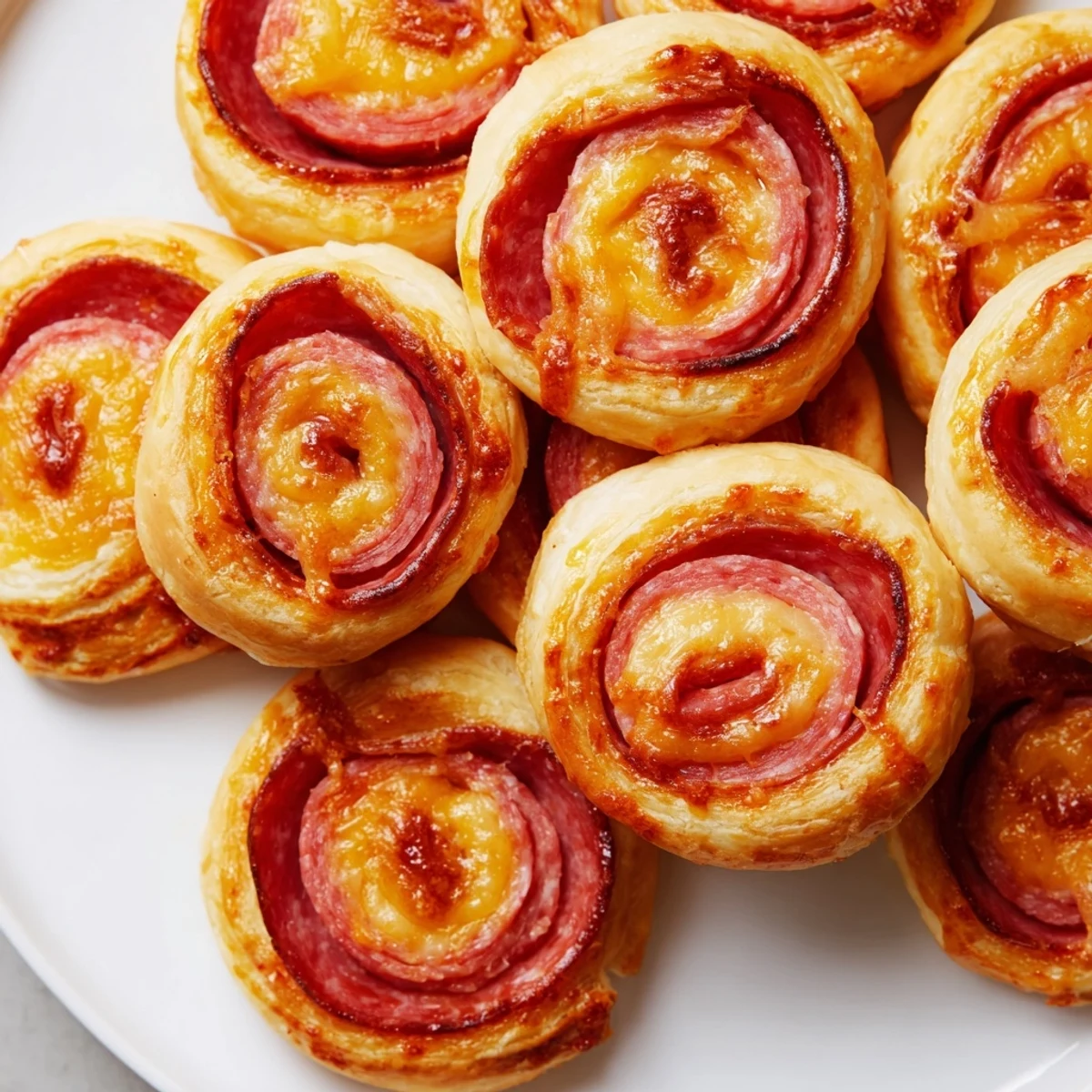Golden, flaky Sliced Cheddar and Salami Scrolls, showing the savory filling bursting through.