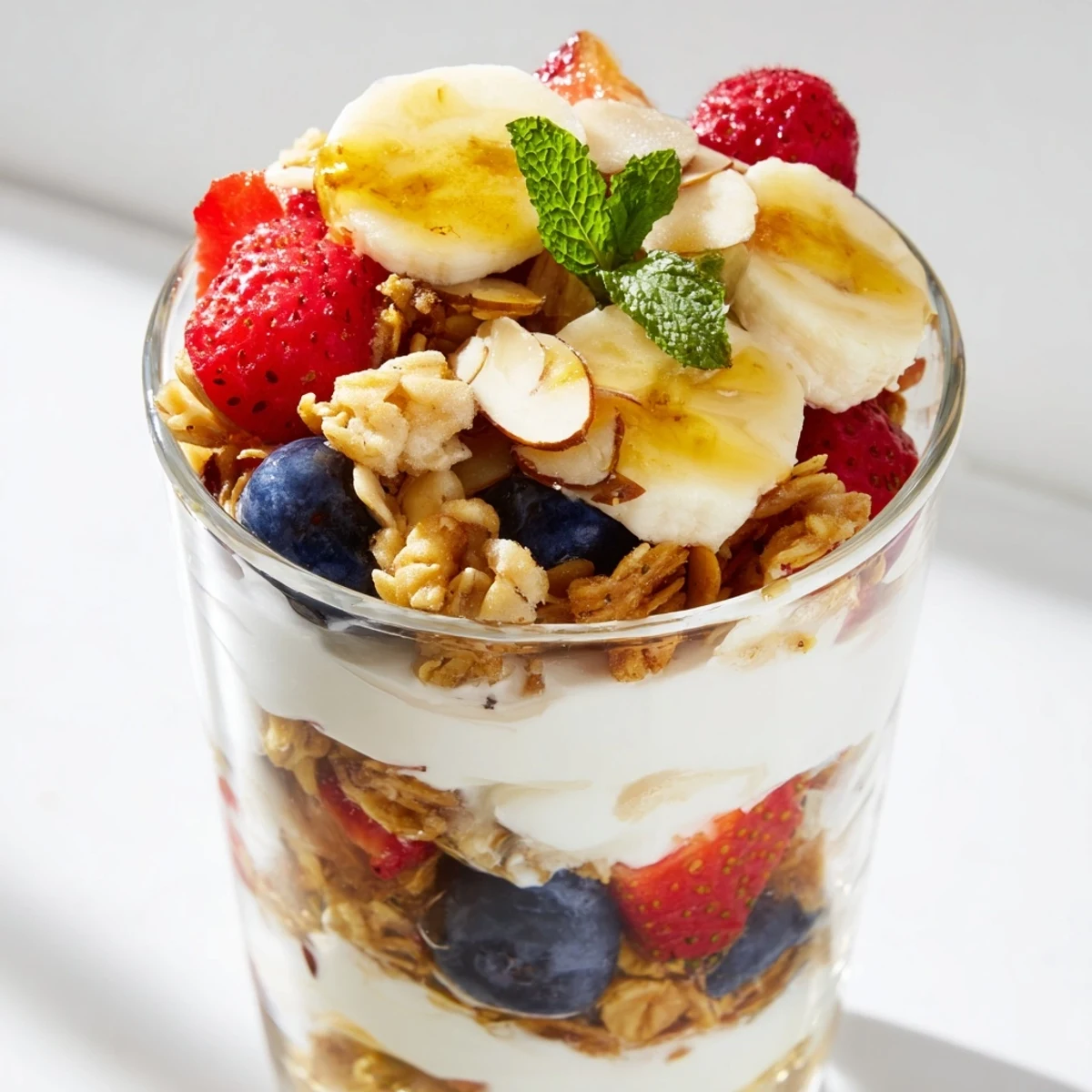 Yogurt and granola parfait glasses layered with fresh berries, offering a vibrant, delicious, and healthy breakfast.
