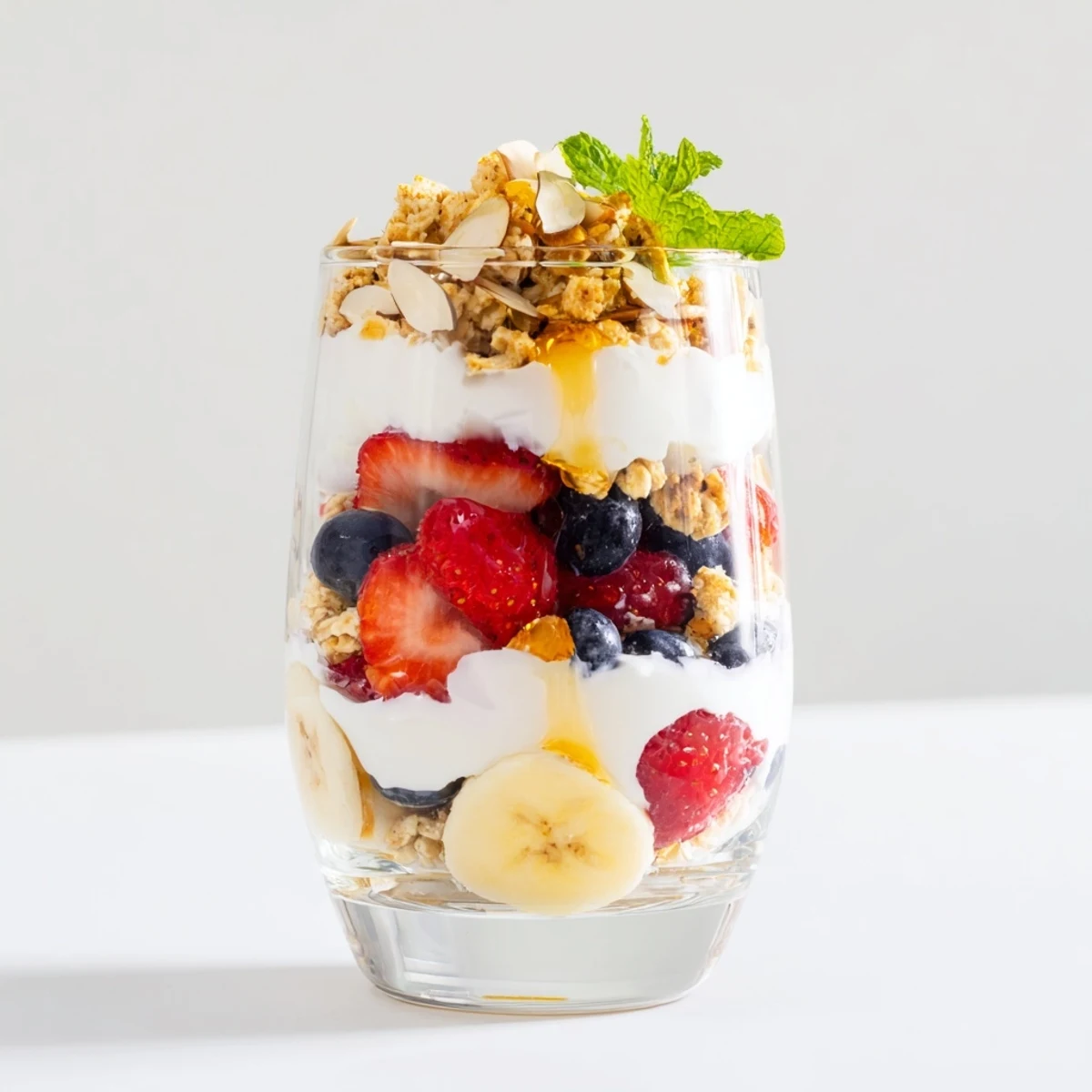 A beautiful view: Yogurt and granola parfait glasses brimming with colorful fruit and crunchy granola, ready to eat.