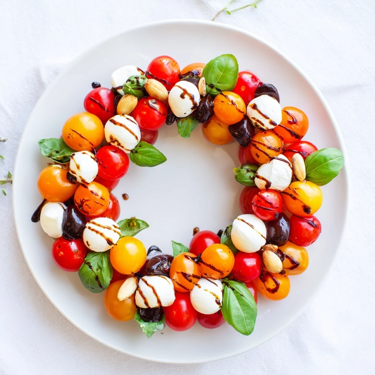 Fresh Appetizer Wreath: Cherry Tomato and Basil Ring showcases vibrant red tomatoes and creamy mozzarella drizzled with balsamic glaze.