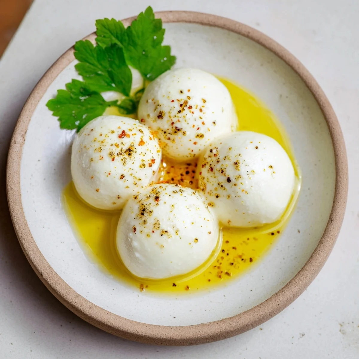 Fresh, bright mozzarella pearls drizzled with olive oil, a quick and easy cheese dish.