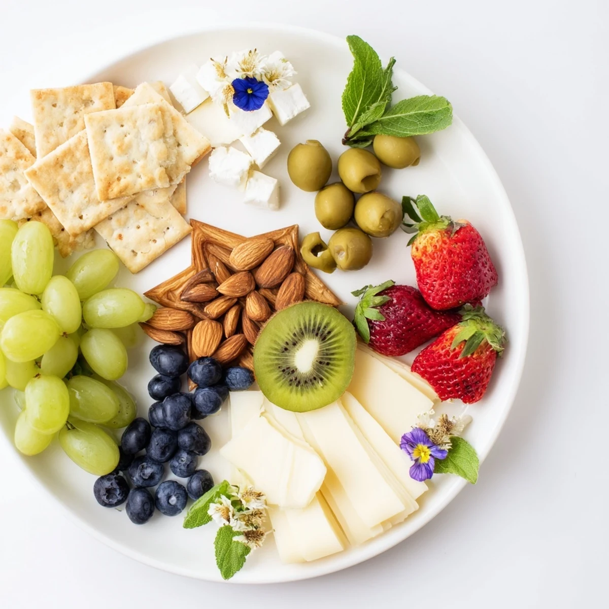 Vibrant Negative Space Puzzle platter showcasing fruit, crackers, and cheese, creating impressive star shapes.