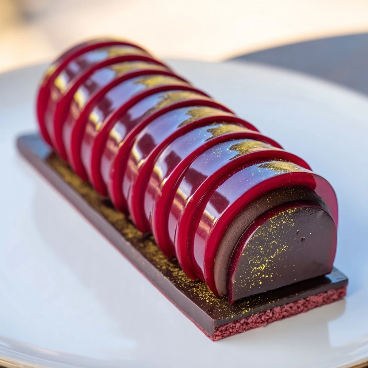 Golden Ratio Shell dessert presented with a glistening white chocolate glaze and gold dust.