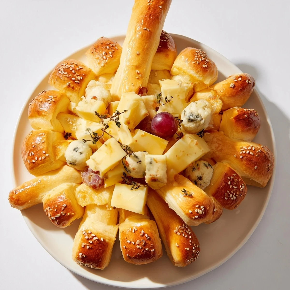 Golden breadstick lattice surrounding a delicious cheese selection within this elegant The Gilded Cage creation.