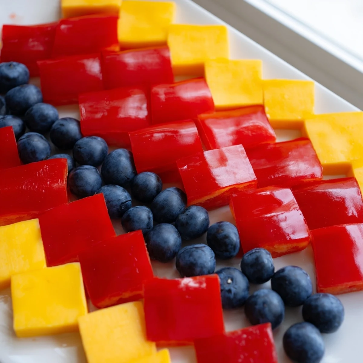Vibrant Bauhaus Block appetizer showcasing red peppers, cheddar cheese, and juicy grapes artfully arranged.