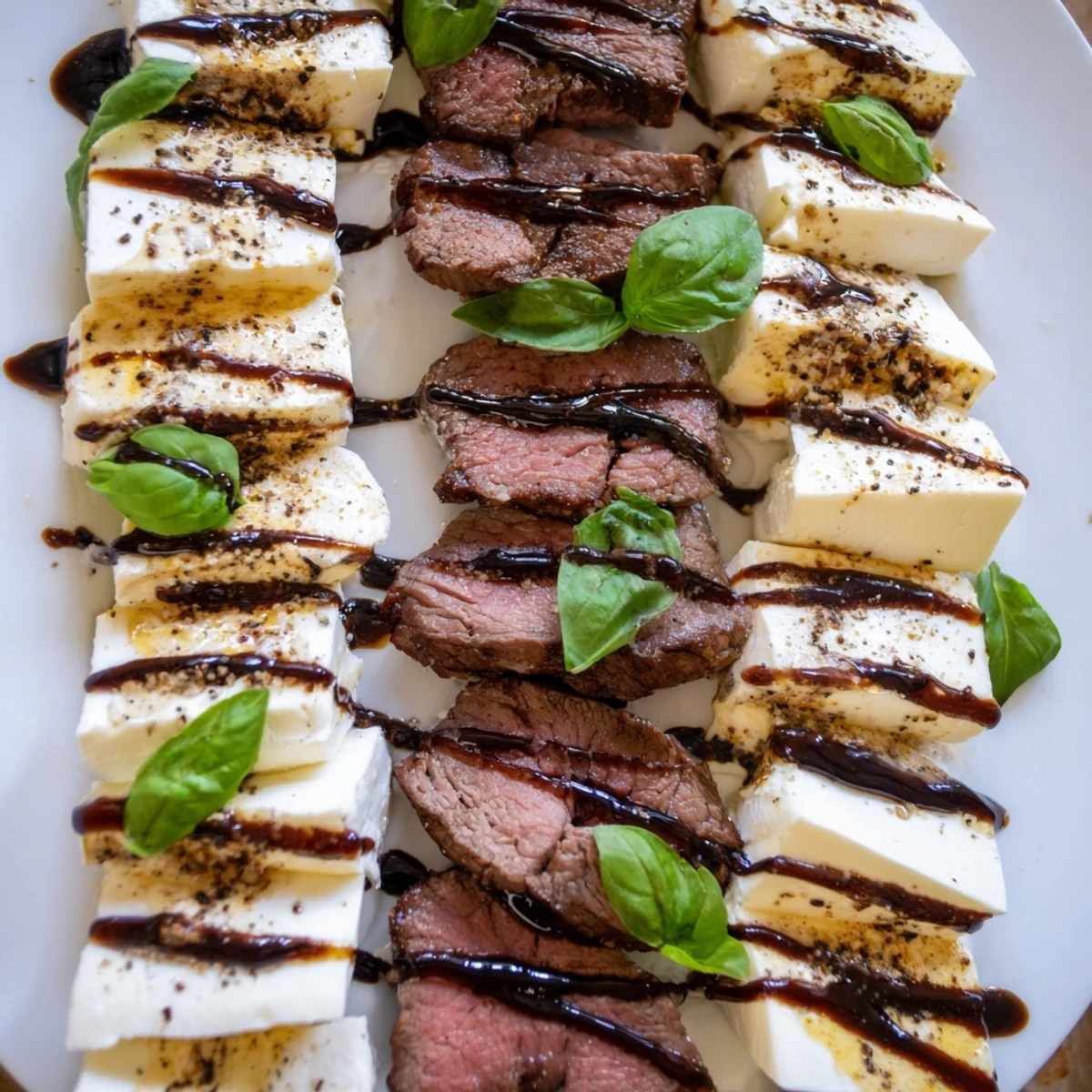 Appetizing Safari Stripes appetizer, featuring alternating strips of cheese and balsamic-glazed meats on a platter.