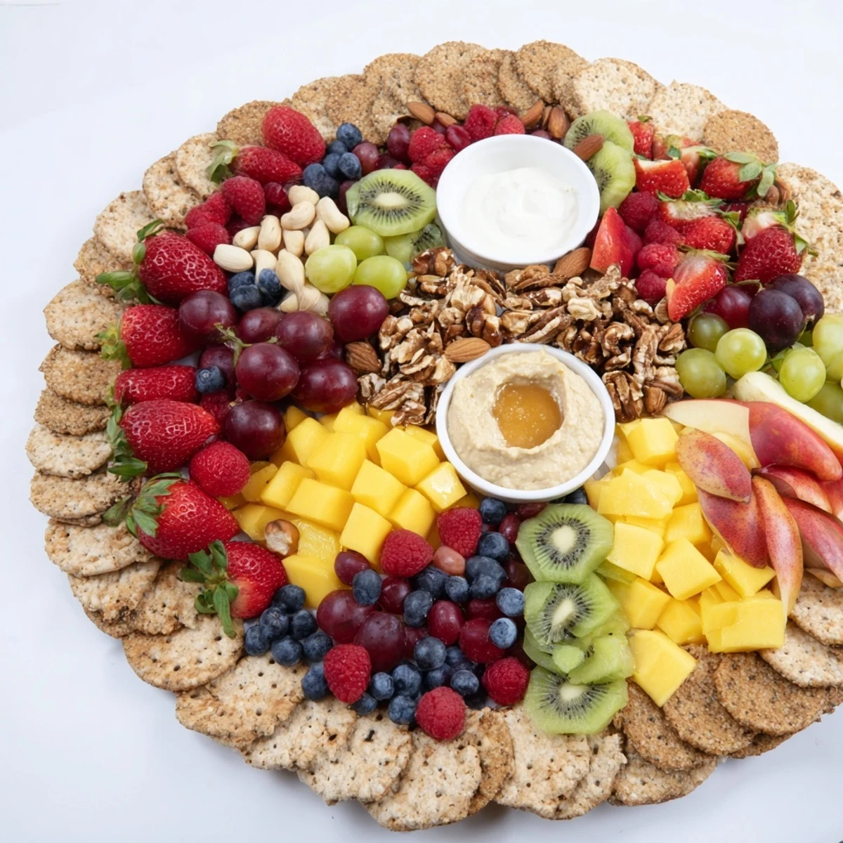 Beautiful "Hidden Oasis" appetizer showcases fresh fruits, nuts, crackers, and creamy dips for sharing.