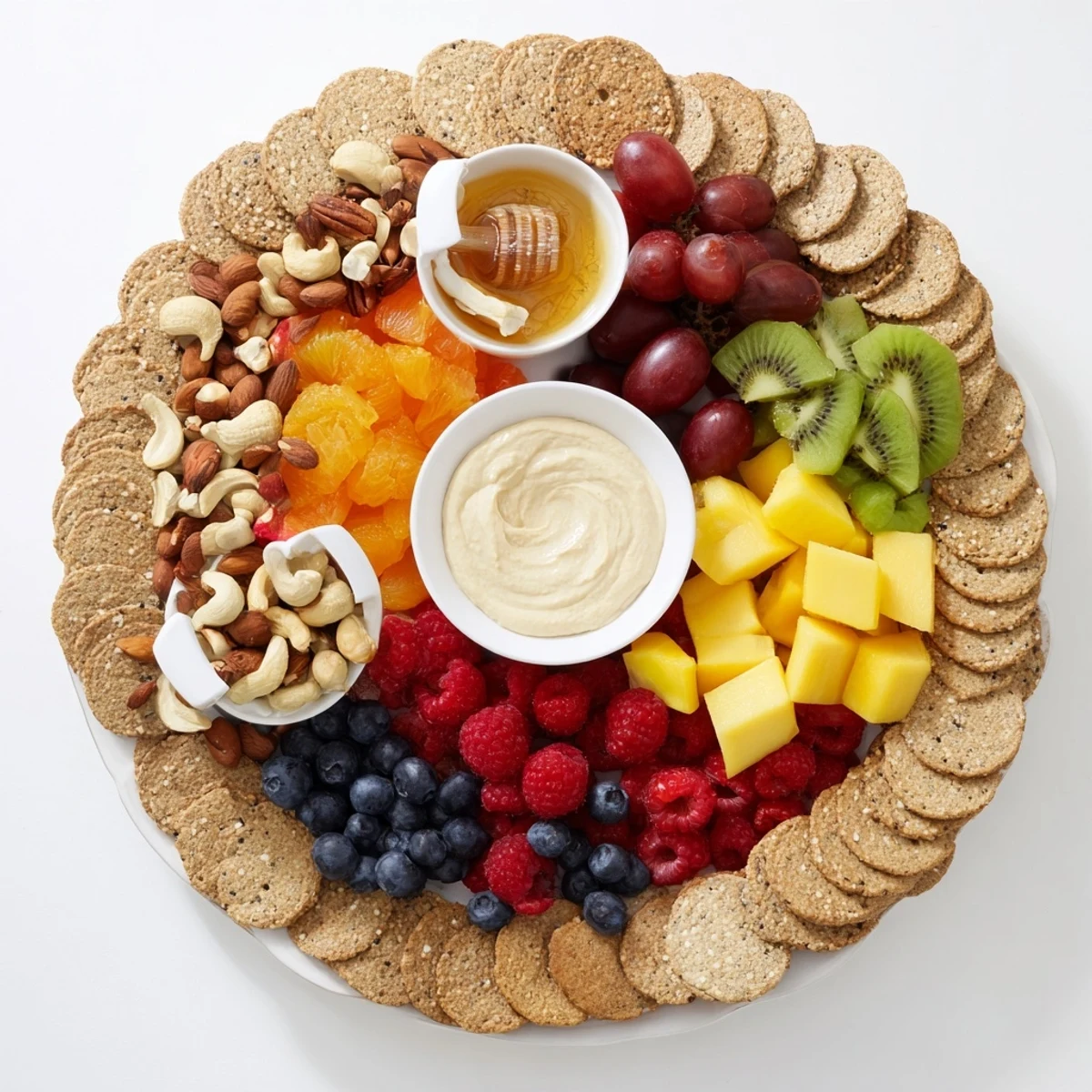 A vibrant "Hidden Oasis" platter features colorful fruits and dips surrounded by crunchy crackers and nuts.
