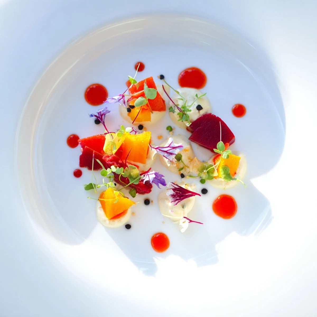 Delectable The Pointillism Dot Matrix appetizer with vibrant vegetable purees creating striking art.