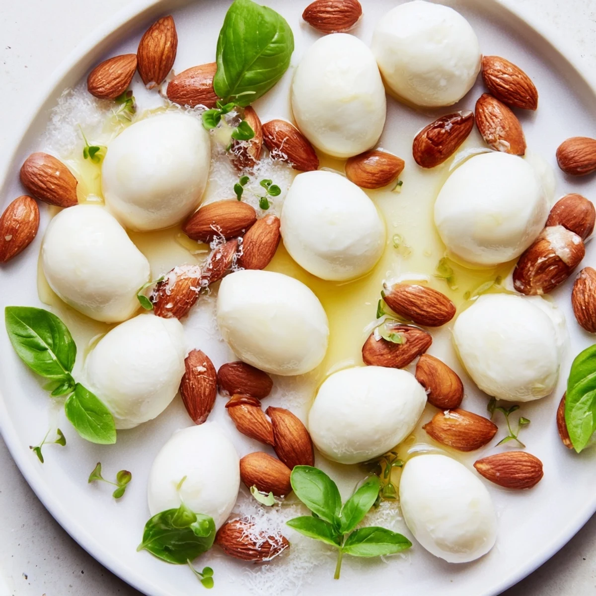 Close-up of The Polished Pebble appetizer: creamy cheeses and roasted almonds look delightful.