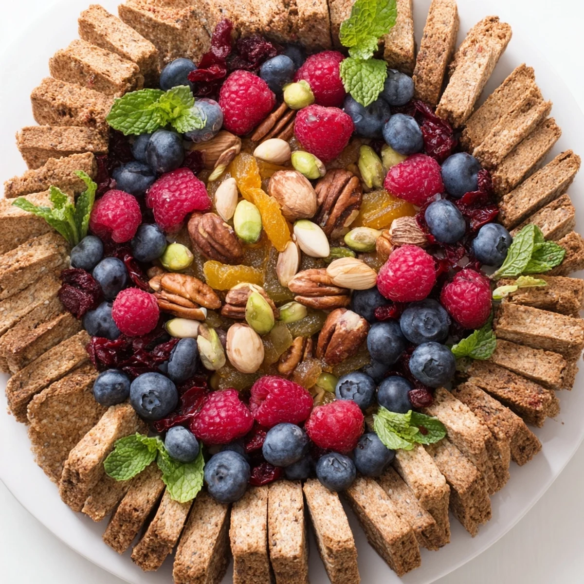 The Picket Fence appetizer: A vibrant, shared snack platter with a cracker fence framing berries and nuts.