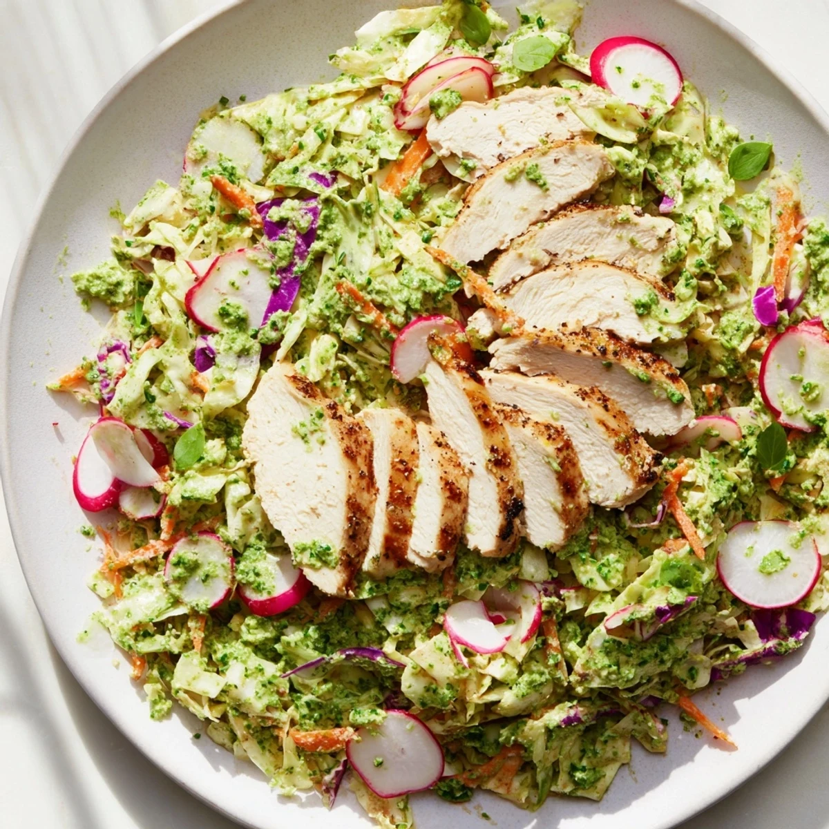 Green Goddess Cabbage Slaw with grilled chicken, a colorful meal bursting with fresh, vibrant flavors.