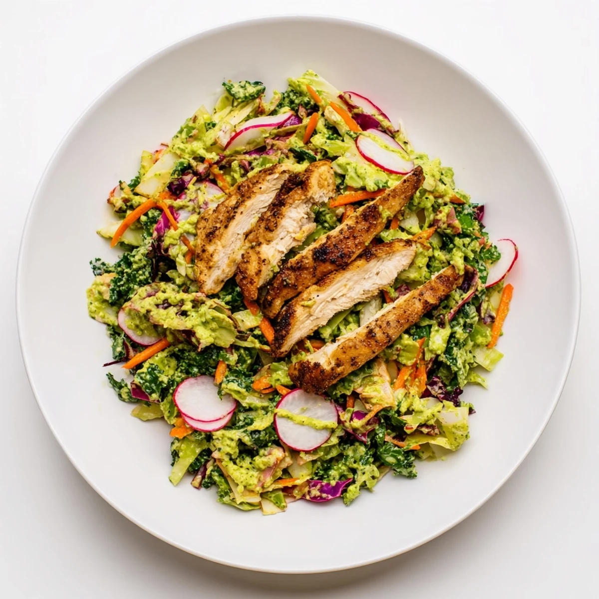 This Green Goddess Cabbage Slaw features juicy sliced chicken atop creamy, herbaceous slaw. 